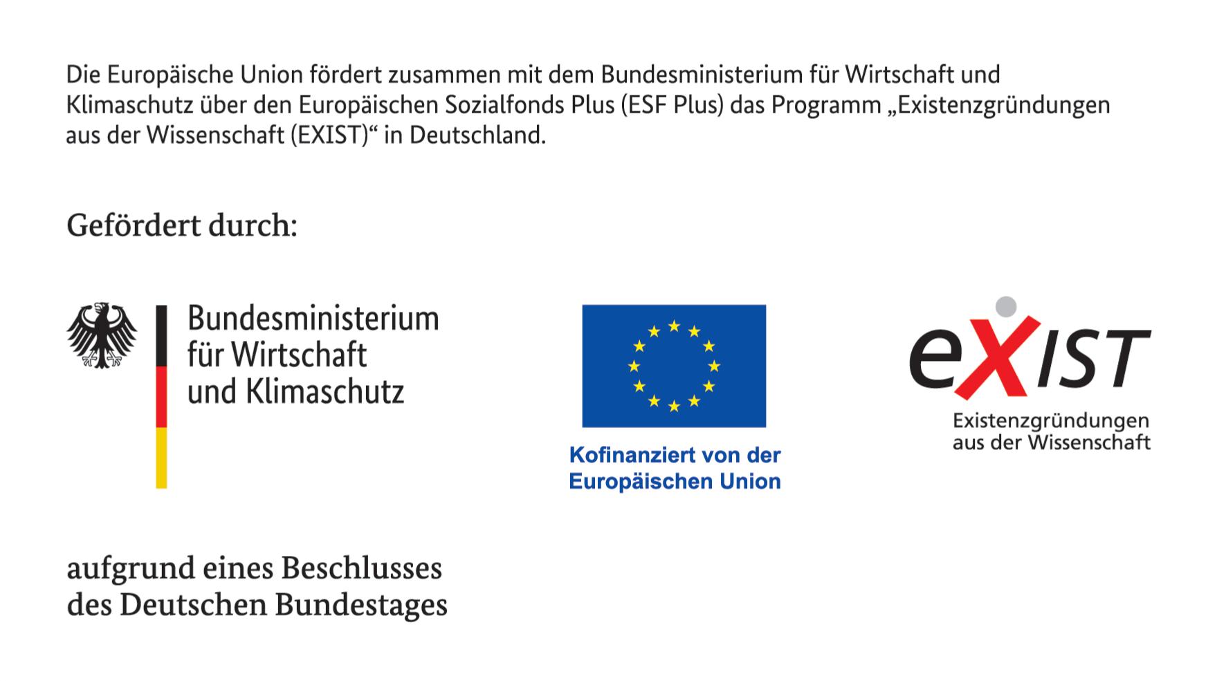 Die Europäische Union fördert zusammen mit dem Bundesministerium für Wirtschaft und Klimaschutz über den Europäischen Sozialfonds Plus (ESF Plus) das Programm "Existenzgründen aus der Wissenschaft (EXIST)" in Deutschland.